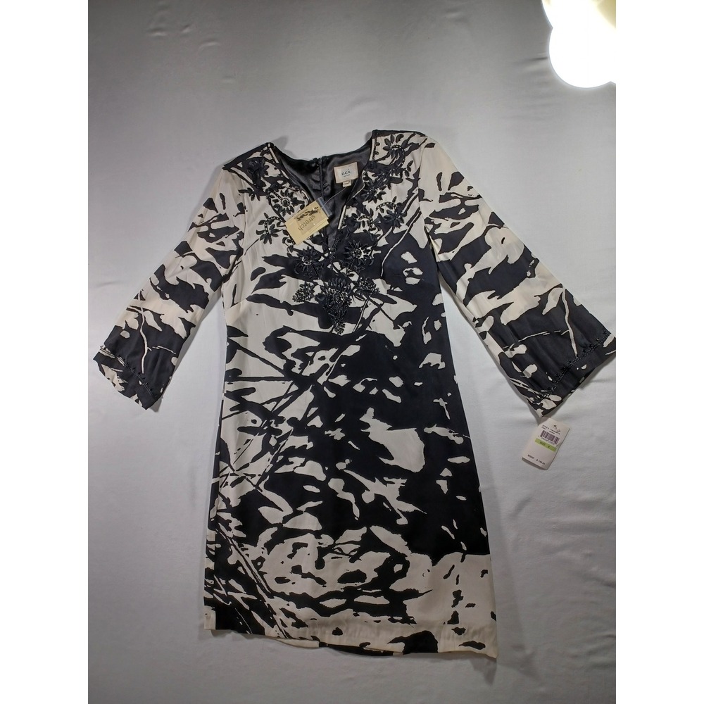 ECI New York Black White Abstract Print Beaded Neckline Long Sleeve Dress Size 4
